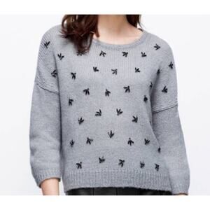 Ann Taylor Wool Blend Knit Sweater Gray Black Rhinestones Size Small